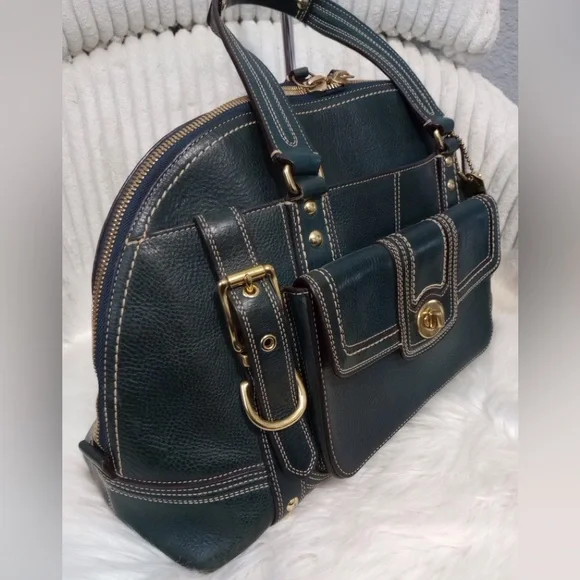 Coach Hamptons Blue Leather Satchel with Gold Accents